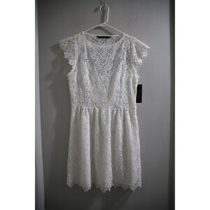 Zara Basic White Lace Dress‎ Sz L Short Sleeve Elegant Party Cocktail